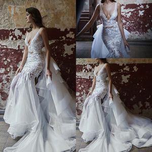 Nouvelle sirène Maisonsignore robes de mariée col en V manches en tulle dentelle Applique cristal Sash queue robe de mariée balayage train robe de mariée