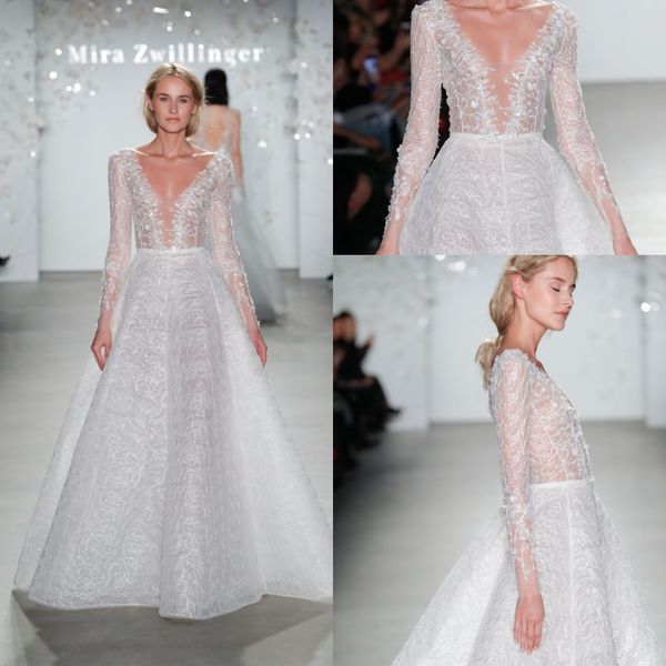 Date Mira Zwillinger Une ligne robes de mariée col en V à manches longues paillettes ruché robe de mariée balayage train robe de mariée