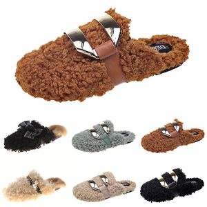 Nieuwste Nieuw Herfst Winter Womens Slippers Metalen Ketting All Inclusieve Wol Slipper Voor Vrouwen Bruin Outer Wear Plus Big Szie Muller Half Drag Shoes