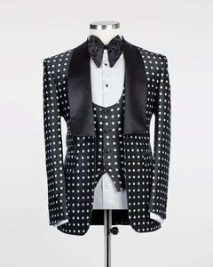 Nieuwste One Button Black Polka Dot Bruidegom Tuxedos Sjaal Revers Groomsmen Mens Bruiloft Prom Pakken (Jas + Broek + Vest + Tie) NO: 154 x0909