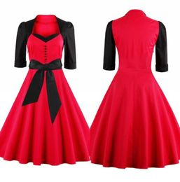 Vestidos de trabajo de mujeres más recientes para mujeres de trabajo rojo con negro vintage cuadrado municipio swing mujeres vestidos casuales talla grande FS11106368557