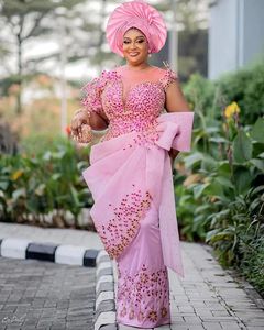 Nouvelles robes de soirée roses applige à manches longues feuilles Aso Ebi Robe de bal personnalisé pleine longueur Africain Femmes formelles robes de fête