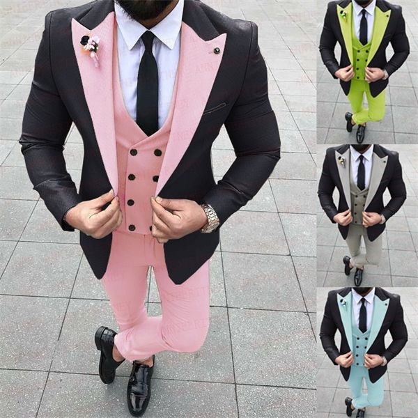 Le plus récent costume de mariage rose pour hommes sur mesure veste surdimensionnée marié meilleur homme smoking blazer gilet à double boutonnage avec pantalon 3 pièces X0608
