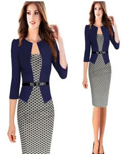 Le plus récent design à plaid fasle deux pièces avec des femmes ceinture robe de travail plus taille longueur de genou à manches longues pour dames de bureau jusqu'à 2xl2960083