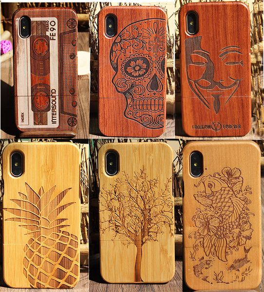 El más nuevo y popular estuche de teléfono con grabado en madera para Iphone X 10 6 6S 7 8 plus 5 5s SE Estuches rígidos de bambú de madera total natural para Samsung S9