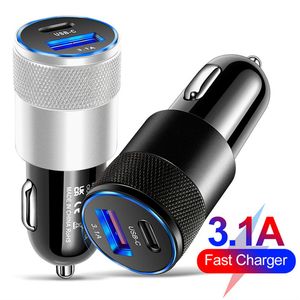 38W 3.1A PD Portable Car Charger Metal Dual 2-Ports USB-A USB-C Output Fast Laying Car Adapter voor iPhone 15 14 13 12 11 Pro plus Xiaomi Huawei Samsung S24 S22 Snelle lader