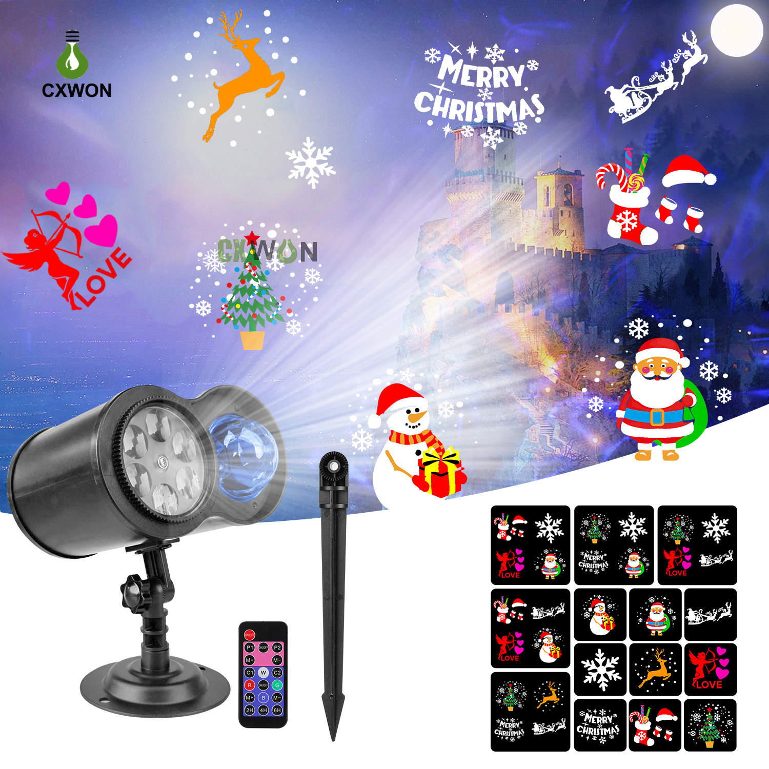 Luzes de Natal mais recentes Floco de neve LED Efeitos Projetor Lâmpada Dupla Cabeça 14 Padrões 10 Waterwave Sem Slides IP65 Decoração de Férias Projeção