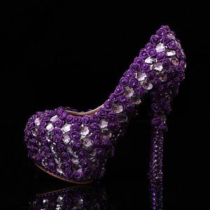 Nieuwste Paars Prom Hakken Woman's Pumps Anniversary Party Prom Dress Schoen Rhinestone Bridal Trouwschoenen Moeder Bruid Schoenen