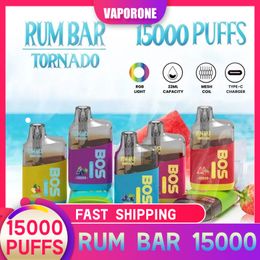 NIEUWste QST RUM BAR Tornado box 15000 Rookwolken Wegwerp Vape Pen 16 smaak E-sigaret vape Mesh Coil RGB Licht knipperend Europese markt Origineel 100%