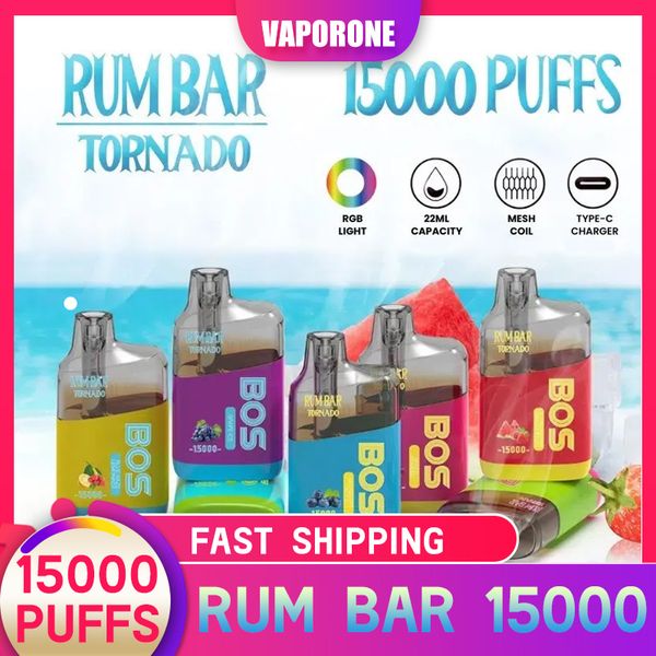 Le plus récent QST RUM BAR Tornado Box 15000 Puffs Jetable Vape Pen 16 saveur E- cigarette vape Mesh Coil RGB Light clignotant marché européen Original 100%