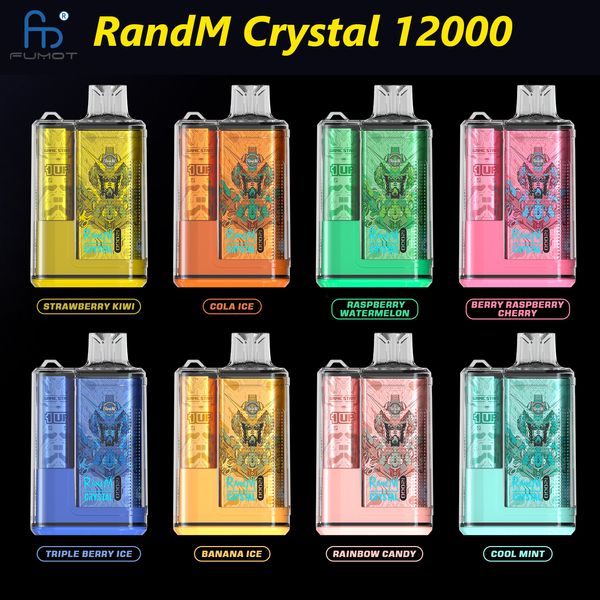 Il più recente RandM Fumot Crystal 12000 Puffs Vape usa e getta con olio e indicatore di alimentazione Dispositivo preriempito da 20 ml 650mAh Type-c Batteria ricaricabile Mesh Coil 16 gusti