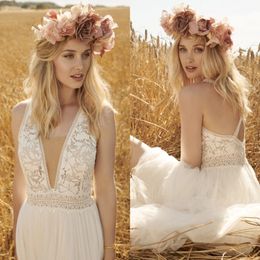 Nieuwste Rembo Styling Bohemian V-hals Mouwloze Backless Lace Up Trouwjurken Kant Tulle Trouwjurk Sweep Train Robe de Mariée