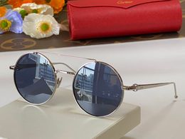 Las más nuevas gafas de sol redondas para hombres y mujeres, acabado en platino pulido, titanio, espejo decorativo, revestimiento rosa degradado, lente azul, tamaño de regalo de alta calidad 52 X 20 X 145