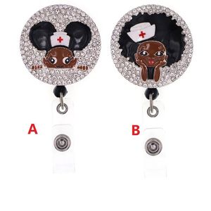 Nieuwste Stijl Sleutelhangers Zwart Meisje Strass Intrekbare ID Houder voor verpleegster naam accessoires badge reel met alligator clip210e