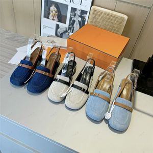 Nieuwste topkwaliteit denim blauw lage dikke hiel dames pumps muller slippers vierkant teen slingbacks merk luxe ontwerper casual dames rugriem zomersandalen