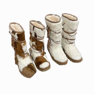 Botas hasta la rodilla de suela gruesa de felpa de colores mezclados de diseñador de lujo de alta calidad, botas de nieve cálidas de estilo étnico para mujer, botas de piel gruesa de lujo para invierno para mujer