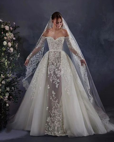 Robe De mariée sirène 2 en 1, à manches longues, décolleté en cœur, sur mesure, grandes tailles, nouvelle collection