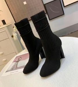 Nieuwste met doos sokken hak laarzen borduurwerk mode sexy gebreide elastische boot zwart designer vrouwen schoenen dame brief 10cm hoge hakken maat 35-42