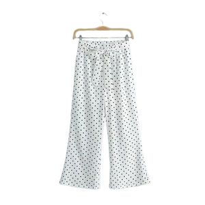 Nieuwste vrouwen vintage dot patroon wijde been broek strikje sjerpen elastische taille vrouw retro enkellange broek pantalones Q0802