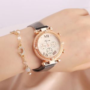 Nouvelles montres-bracelets de luxe cristal trois yeux conception horloge femmes maille magnétique en acier inoxydable bande chiffre romain dames montre à quartz pour cadeaux