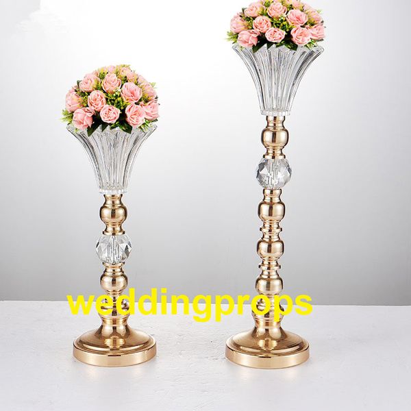 NewGold Argent couleur cristal perlé fleur stand chandelier candélabre bougeoir centres de table de mariage cristal décor vase best0121