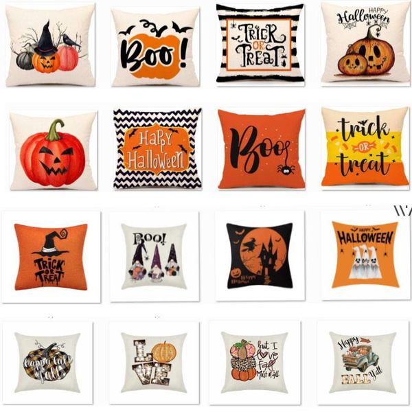 NUEVOFeliz Halloween Funda de almohada Funda de lino decorativa Espeluznante Calabaza Bruja Castillo Truco o trato Funda de almohada Decoraciones festivas CCB9284