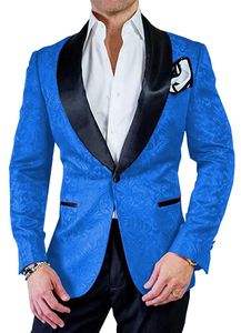 Royal Blue Embossing Bruidegom Tuxedos Zwart Sjaal Revers Groomsmen Mannen Formele Pakken Business Prom Pas Personaliseer (Jas + Broek + Bogen Das) 156