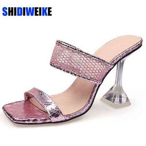 Nieuw aangekomen gouden zilveren roze slangprint muilezel hakken sandalen slippers dames hoge vierkante teen glijbanen feestschoenen maat 45 46 220520