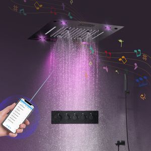 Nouvellement musique noire ensemble de douche salle de bains plafond LED panneau de douche pluie cascade pommeau de douche mitigeur thermostatique robinets