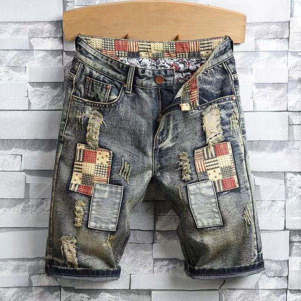 Prendas de abrigo de verano retro americano de nuevo diseño con pantalones cortos para jeans de moda para hombres, puntos personalizados, agujeros, pantalones cortos holgados para hombres y mujeres