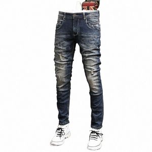 Nouvellement Designer Fi Hommes Jeans Rétro Noir Bleu Élastique Slim Fit Ripped Jeans Hommes Épissé Vintage Casual Denim Pantalon Hombre n7Xg #