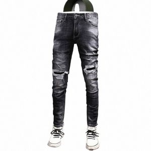 nouvellement Designer Fi Hommes Jeans Rétro Noir Gris Stretch Slim Fit Vintage Ripped Jeans Hommes Patché Designer Hip Hop Denim Pantalon W1Vd #