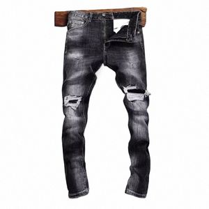 nouvellement Designer Fi Hommes Jeans Rétro Noir Gris Stretch Slim Fit Vintage Ripped Jeans Hommes Patché Designer Hip Hop Denim Pantalon 79uy #