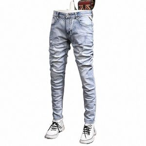Nouveau Designer Fi Hommes Jeans Rétro Bleu Clair Élastique Slim Fit Détruit Ripped Jeans Hommes Streetwear Hip Hop Denim Pantalon z4Mf #