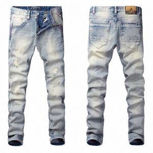 Nieuw Designer Fi Mannen Jeans Retro Licht Grijs Blauw Elastische Slanke Gescheurde Jeans Mannen Patchwork Vintage Casual Denim Broek hombre c6ZP #