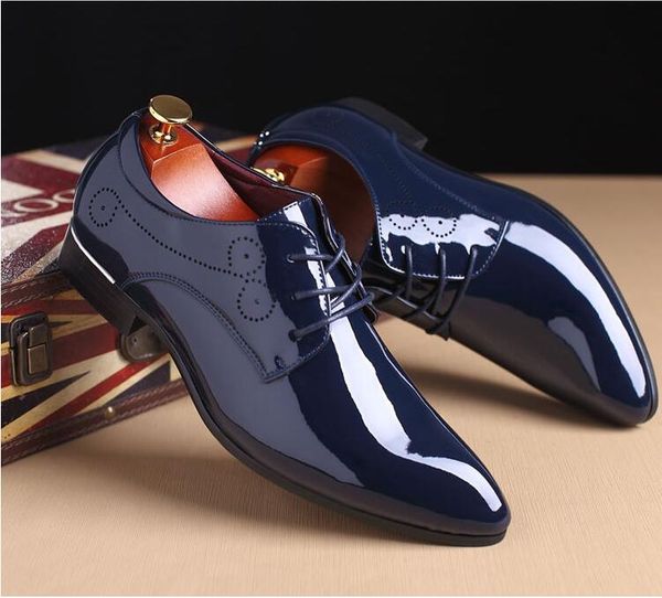 Chaussures de mariage blanches brevetées de qualité pour hommes, taille 38 à 47, en cuir noir souple, à la mode, H6