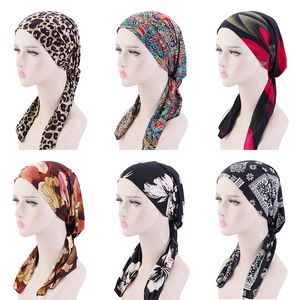 Nouveau pré-attaché impression foulard islamique foulard musulman Hijab fleur impression Turban Bandana perte de cheveux chimio casquette cheveux accessoires