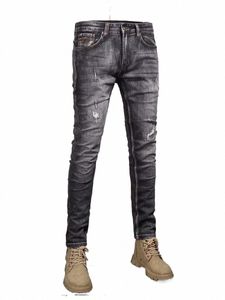 Nieuw Vintage Fi Mannen Jeans Retro BlackGray Stretch Elastische Slanke Gescheurde Jeans Mannen Borduren Patched Designer Denim Broek M1ut #