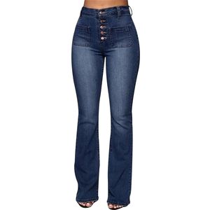 Onlangs gewassen hoge taille knop boot-cut jeans vrouwen casual lange broek broek do99 201106
