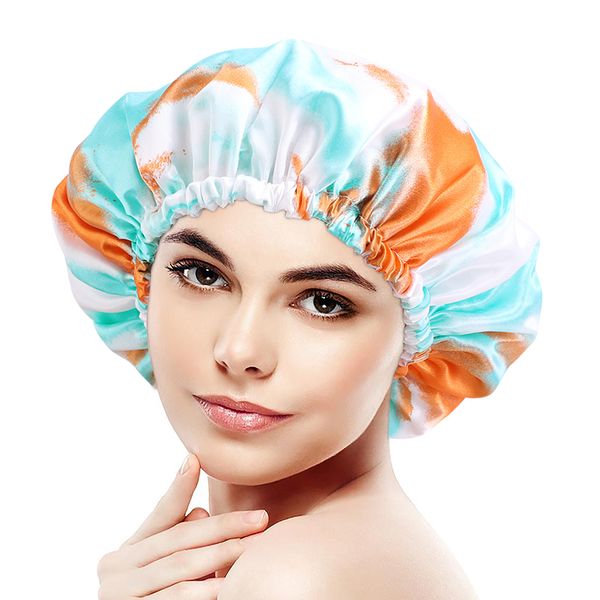Nouvellement imperméable cravate-teinture bonnet de douche femmes Double couche Bonnet produits de salle de bain avec bande élastique cheveux protéger bonnet de beauté