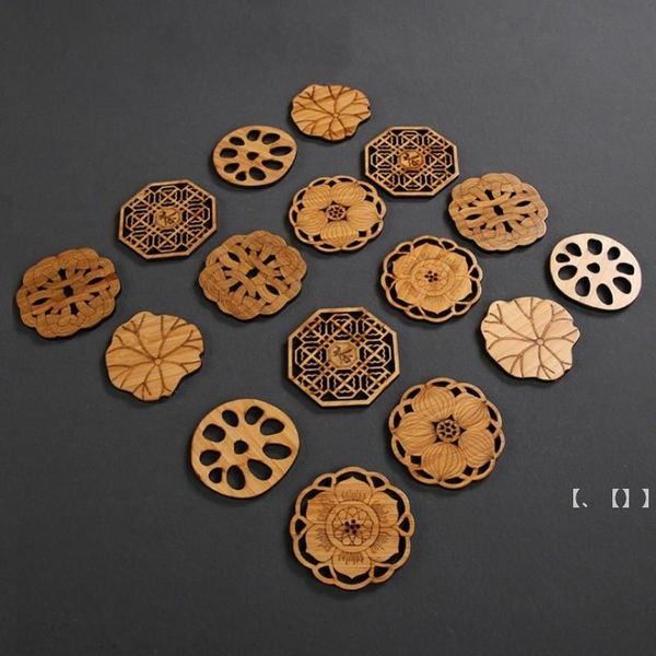 NewNatural Bamboo Table Mat Cup Coaster Tea Cup Pad Retro Lotus Tallado Ecológico Aislamiento de calor redondo Accesorios para té RRD12367