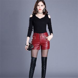 Pantalones cortos de cuero de PU de invierno Botas de mujer Pantalones cortos de moda de cintura alta Pantalones cortos de cuero negro femenino Tallas grandes Rojo y negro 210331