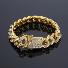 Nuevas llegadas Mujeres Hombres Curb Cuban Chain Bracelets Lab Bling Iced Out Full Rhinestone Broche Lock Gold Hip hop Chain Bangles 12mm 12792