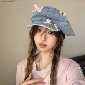 Newsboy Hats Instagrams populaire denim baret met strikontwerp, geschikt voor dames lente en zomer.Veelzijdige zonnebrandcrème Retro achthoekige krantenverkoperhoeden Y2kL2403