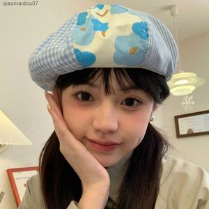 Newsboy Hats Japonais bleu plaid patchwork béret femmes affichage petit visage printemps / été mode version niche design chapeau octogonal Y2kL2403