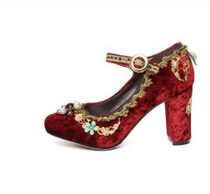 Newset Red Mary Jane Shoes Vintage Style Tacón alto Velvet Court Boda Vestido de novia Zapatos Lady Pumps Tamaño grande 35-42