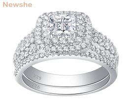 Newshe 925 Sterling Zilveren Halo Trouwring Set Voor Vrouwen Elegante Sieraden Princess Cut Zirconia Verlovingsringen J01124914614