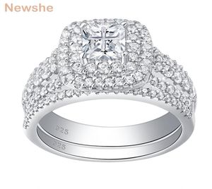 Newshe 925 Sterling Silver Halo Wedding Ring Set voor vrouwen Elegante sieraden Princess Cut Cubic Zirconia verlovingsringen J01124502072