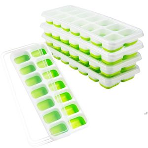 Newsilicone Ice Cube-trays met deksels Mini ICES Cream Tools 14 Cellen Koelvoedsel Lade Mold Withs Covers Green EWB7216