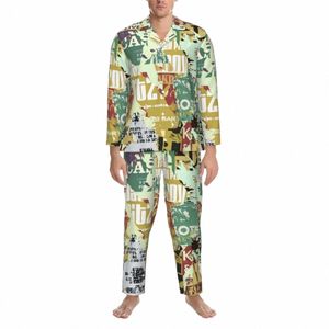 Krant Collage Pyjama Set Herfst Vintage Esthetische Trendy Vrije tijd Nachtkleding Mannen 2 Stuk Esthetische Oversized Grafische Nachtkleding N3J0#